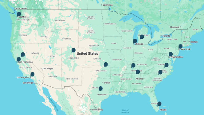 A map of the united states featuring Taproot locations