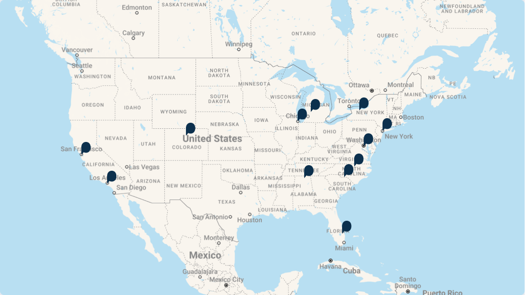 A map of the united states featuring Taproot locations