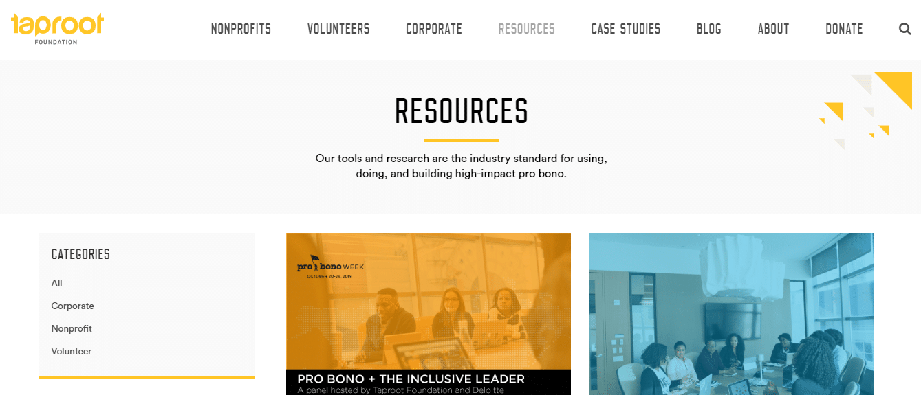 Taproot's Resource landing page