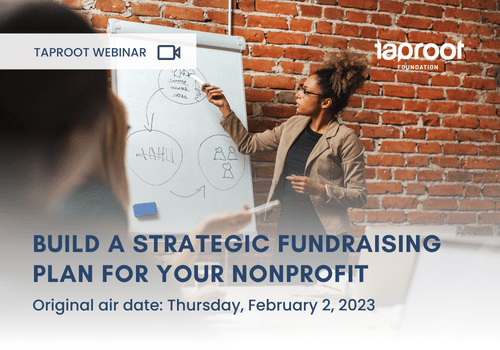Black woman at dry erase board with text overlay announcing Strategic Fundraising Plan webinar small size