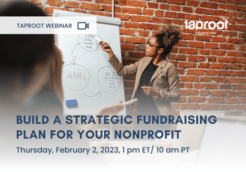 Black woman at dry erase board with text overlay announcing Taproot's Strategic Fundraising Plan webinar