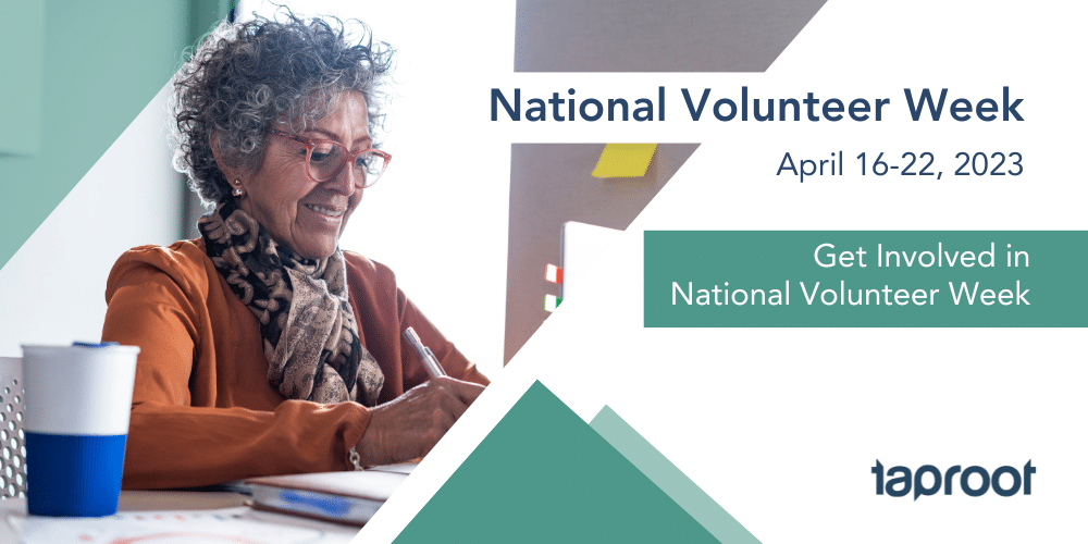 Woman with gray hair writing with text overlay of National Volunteer Week