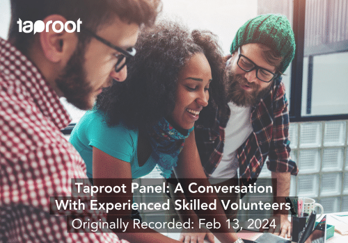 Event banner with title Taproot Panel: A Conversation with Experienced Skilled Volunteers